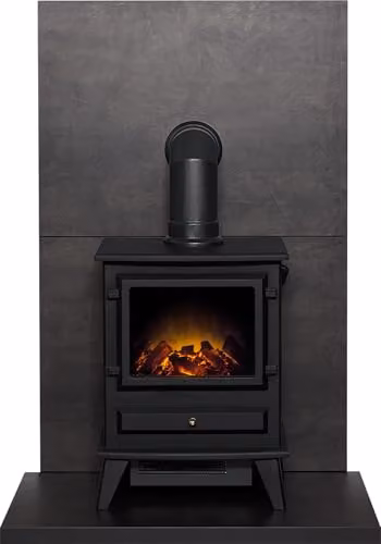 Acantha Tile and Hearth Set with Hudson Stove and Angled Pipe in Bronze Venetian Plaster Effect and Black