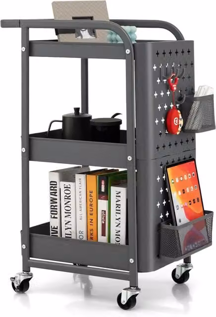 Costway 3-Tier Rolling Metal Kitchen Storage Trolley in Grey