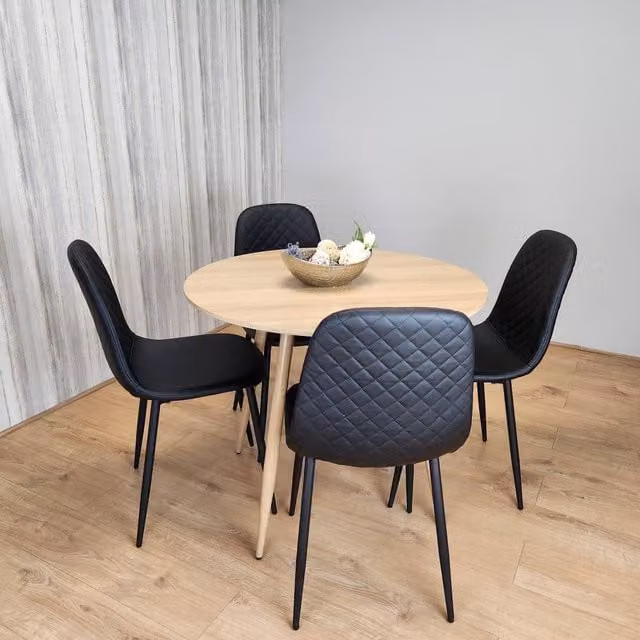 Kosy Koala Round Oak Effect Kitchen Dining Table and 4 Black Faux Leather Padded Chairs Dining Set