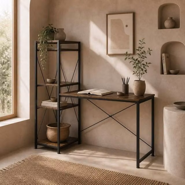 Wyld Haus Ledo Industrial Writing Desk in Brown and Black, W/D/H: 121 x 64 x 42 cm
