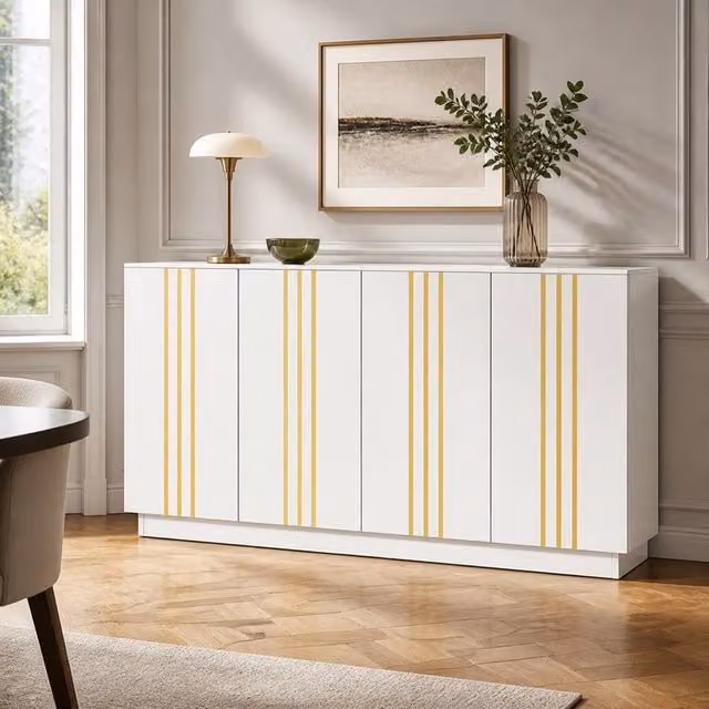 AKI HAUS Modern White Four-Door Sideboard with Gold-Tone Detailing and Glossy Striped Finish – 1