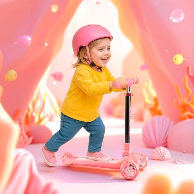 FableKids Flamingo Childrens Scooter with LED Lights, Pink, Height Adjustable and Foldable