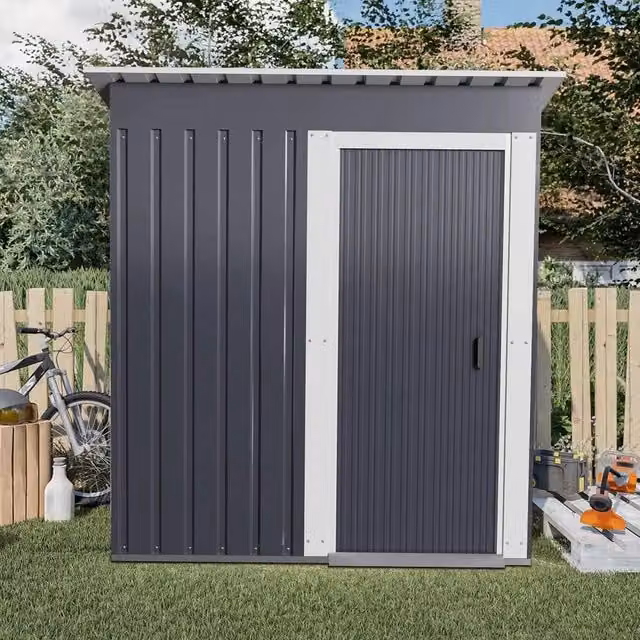FLAVORA Grey Galvanised Steel Metal Garden Shed with Double Doors and Gable Roof