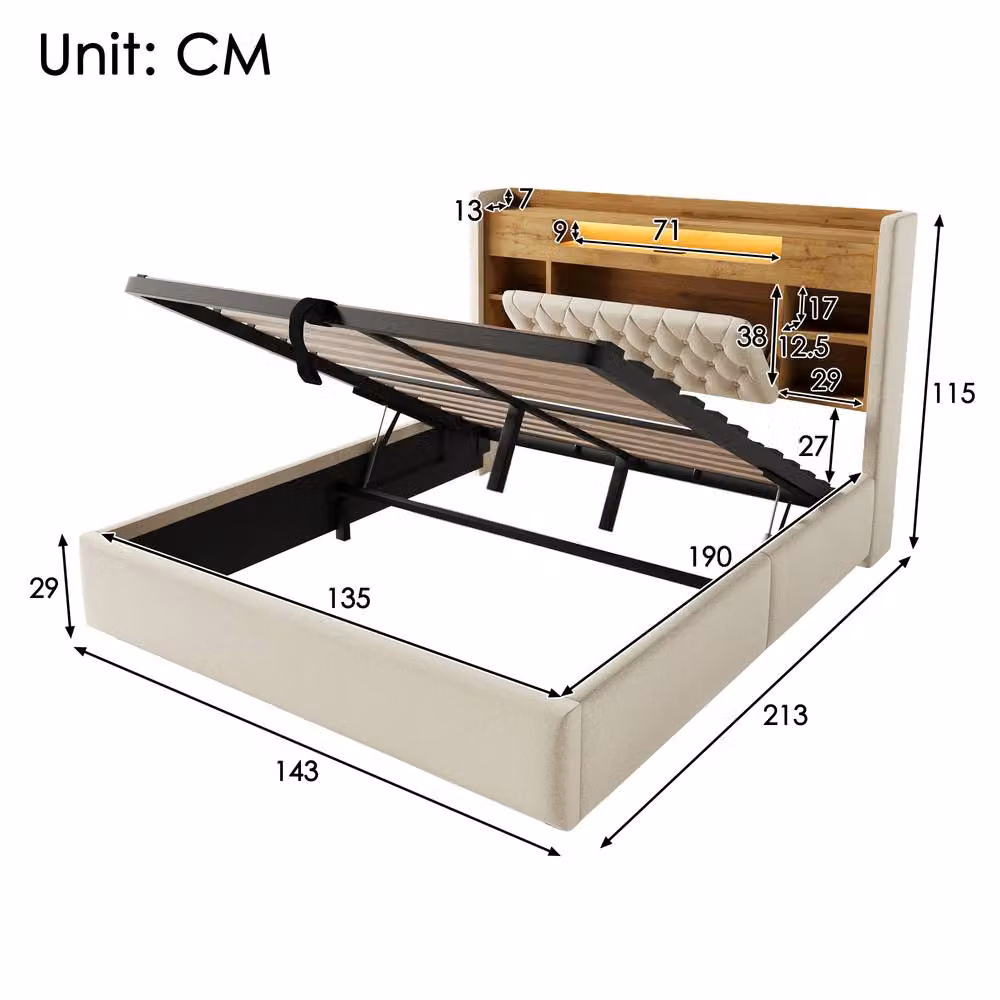 ModernLuxe Ottoman Storage Bed with LED Under-Bed Lighting and Storage Headboard in Beige, W/D/H: 140 x 200 x 115 cm – 2