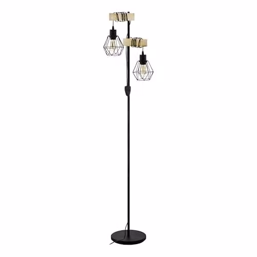 Eglo Townshend 5 Industrial 2-Light Floor Lamp in Black and Wood, H 166.5 cm x W 25 cm x D 25 cm – 1
