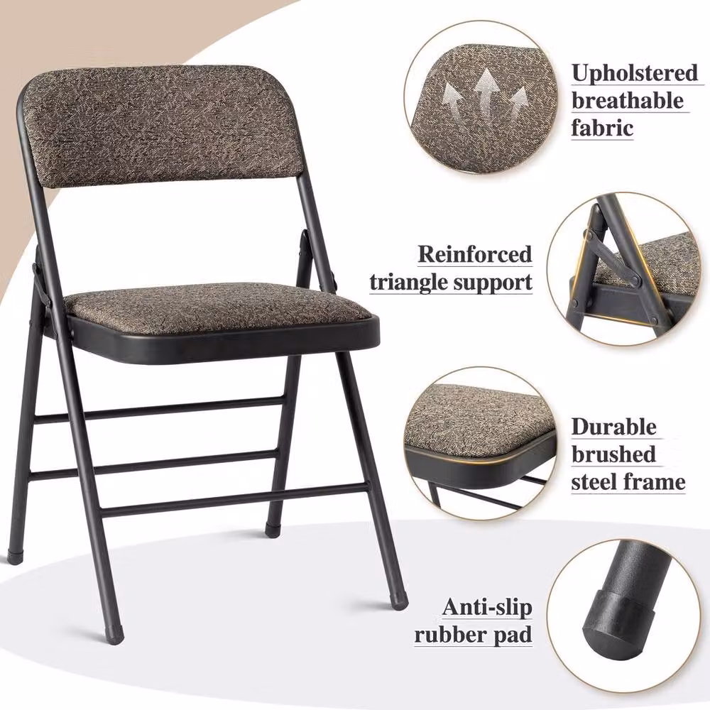 EONLION Brown Folding Chair with Padded Fabric Seat and Heavy Duty Metal Frame – 4
