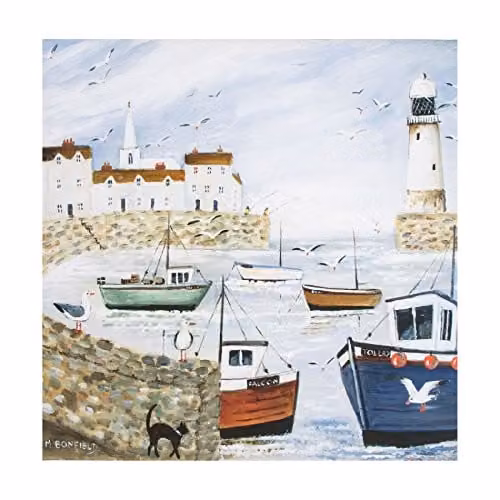 Art for the Home Harbourside Lighthouse Maritime Printed Canvas in Multicolour and White