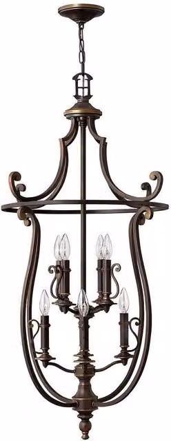 Elstead Plymouth 8 Light Lantern Ceiling Pendant in Bronze with Amber Transparent Fabric Shades and E14 Base