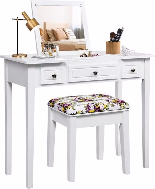 Costway White Lacquered Wood Dressing Vanity Table and Stool Set with Mirror