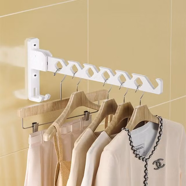 Livingandhome 2-Piece White Aluminium Wall Mounted Foldable Clothes Drying Racks with Hooks