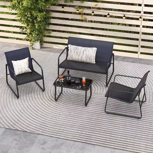 Costway 4-Piece Black Garden Furniture Set with Upholstered 2-Seater Sofa, 2 Armchairs and Coffee Table – 1
