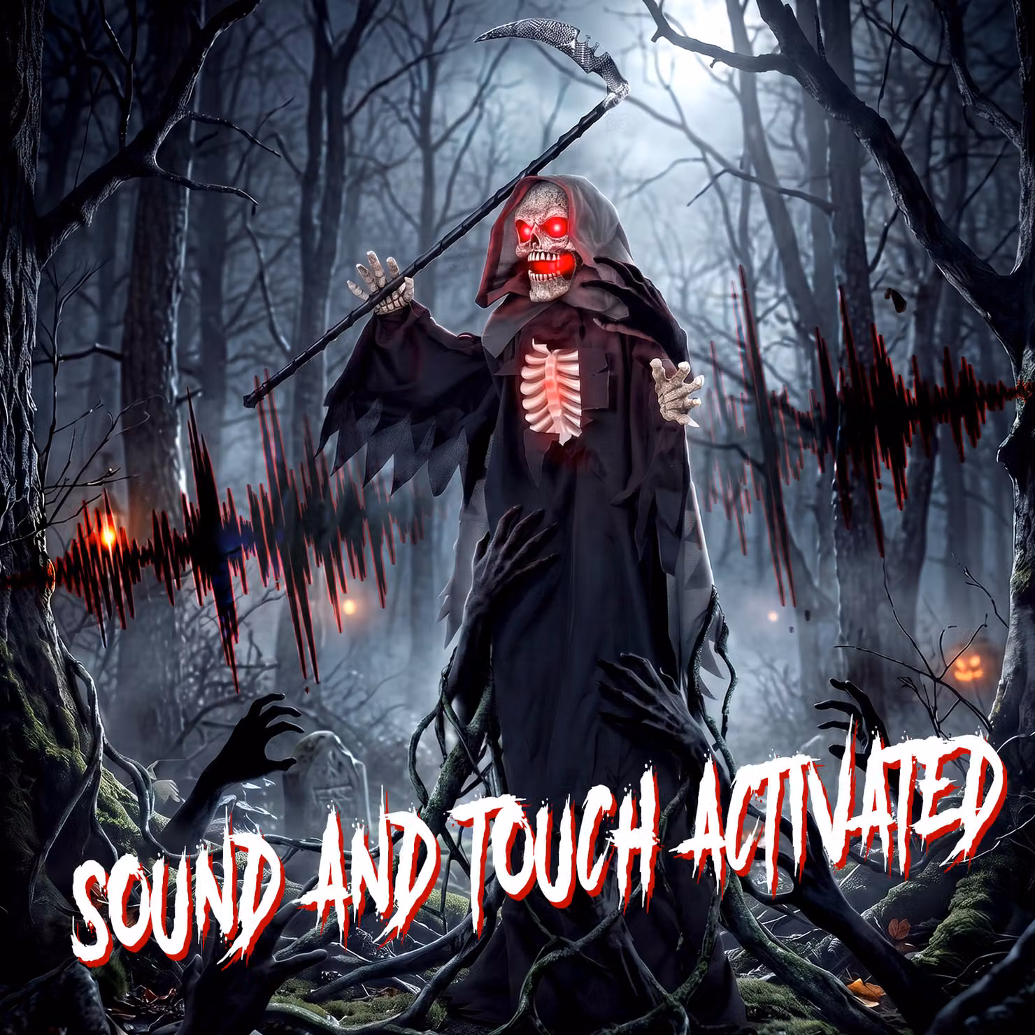 HOMCOM 170cm Life Size Animated Grim Reaper Halloween Decoration with Sound and Touch Activation in Red and Black – 4