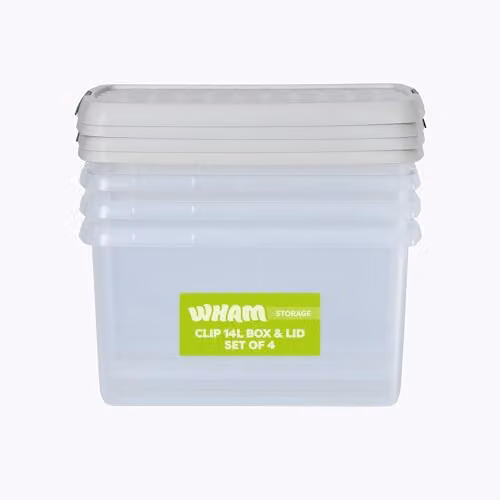 Wham 4 x 14L Rectangular Stackable Plastic Storage Boxes with Lids, Transparent and Beige