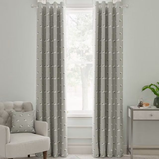 Sophie Allport Sheep Made to Measure Blackout Cotton Eyelet Curtains in Pebble