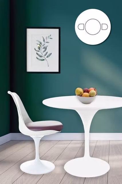 Fusion Living Tulip Dining Set with White Round Table and Two Purple Chairs – 1