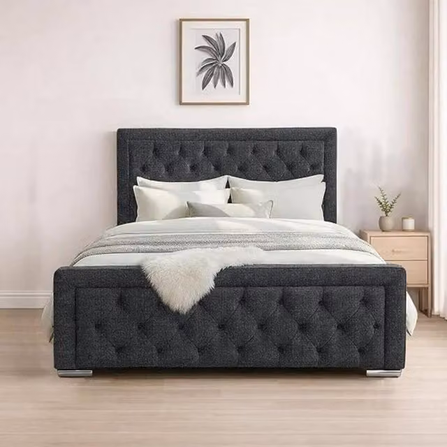 Bed Time UK Naples Upholstered Double Bed Frame with Chesterfield Floor Standing Headboard in Charcoal Grey