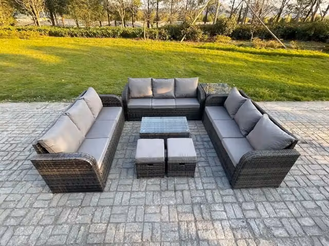 Fimous 11 Seater Rattan Garden Furniture Set in Grey with Rectangular Coffee Table, 3 Seater Sofa, Side Table and 2 Footstools