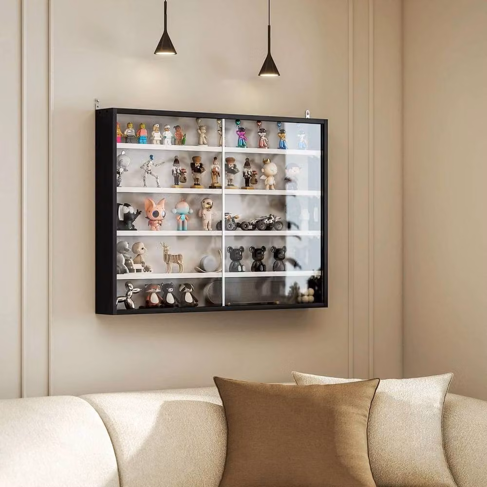 PAWNORA Modern Wall Mounted 5-Tier Display Shelf Cabinet with Glass Doors in Black and White – 4