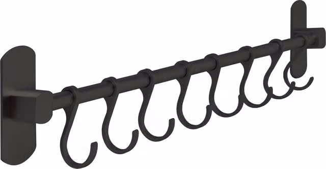 Joeji's Black Aluminium Kitchen Utensil Rack with 8 Hanging Hooks, 40 cm, Self-Adhesive Wall Mount