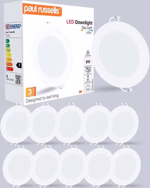Paul Russells 8W Round Recessed LED Downlight, 750lm, 6500K Cool White, IP20, White