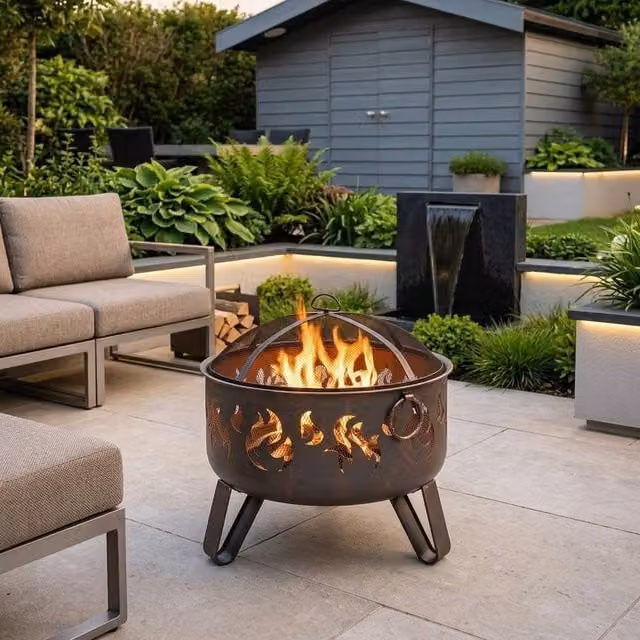 Garden Greatness Fuego Flame Design Steel Deepbowl Firepit with Grill in Bronze, W/D/H: 61.5 x 61.5 x 60.0 cm