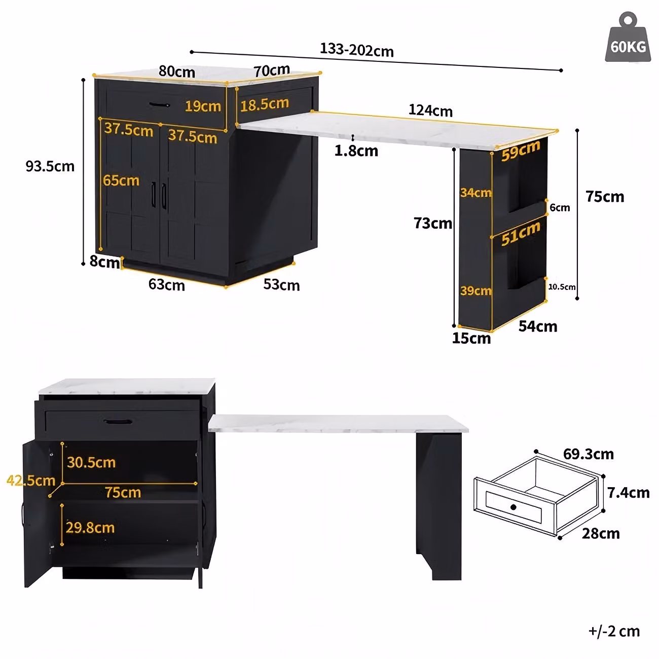 Aosom UK Extendable Bar Table and Kitchen Island in Black with 2 Drawers and 4 Compartments, W/D/H: 133-202 x 70 x 93.5 cm – 3