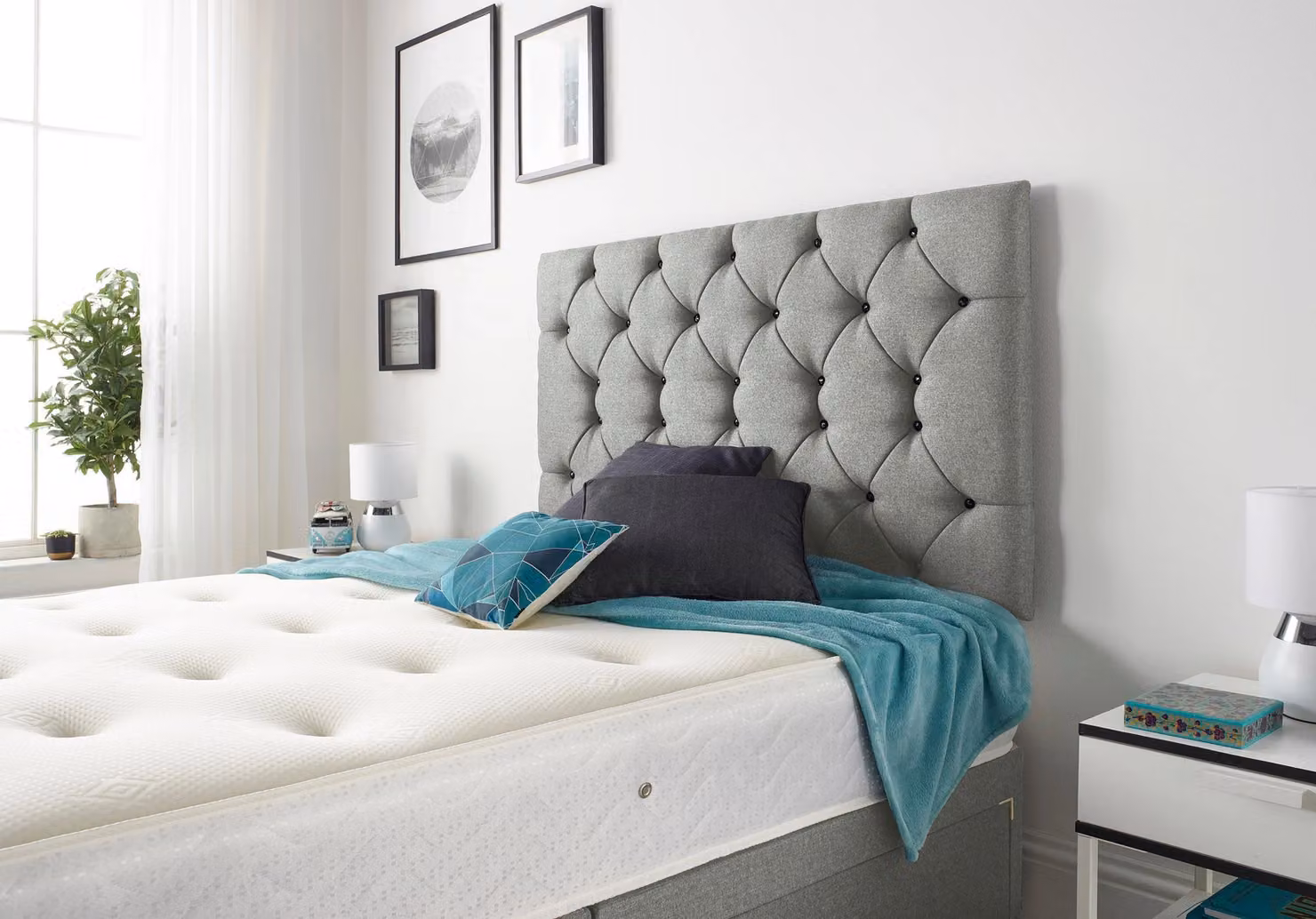 Somnior Premier Grey Tweed Fabric 4 Drawer Divan Bed Set with Upholstered Chesterfield Headboard, W/D/H: 180 x 200 cm – 2