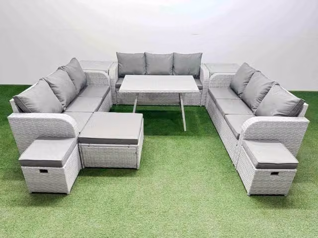 Fimous 12 Seat Outdoor Rattan Garden Furniture Set in Grey with Upholstered Cushions, 2 Side Tables and 3 Stools