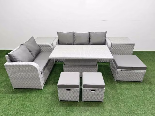 Fimous 8 Seater Grey PE Rattan Wicker Garden Furniture Set with Adjustable Lifting Dining or Coffee Table, 3 Seater Sofa, Love Seat and Ottoman