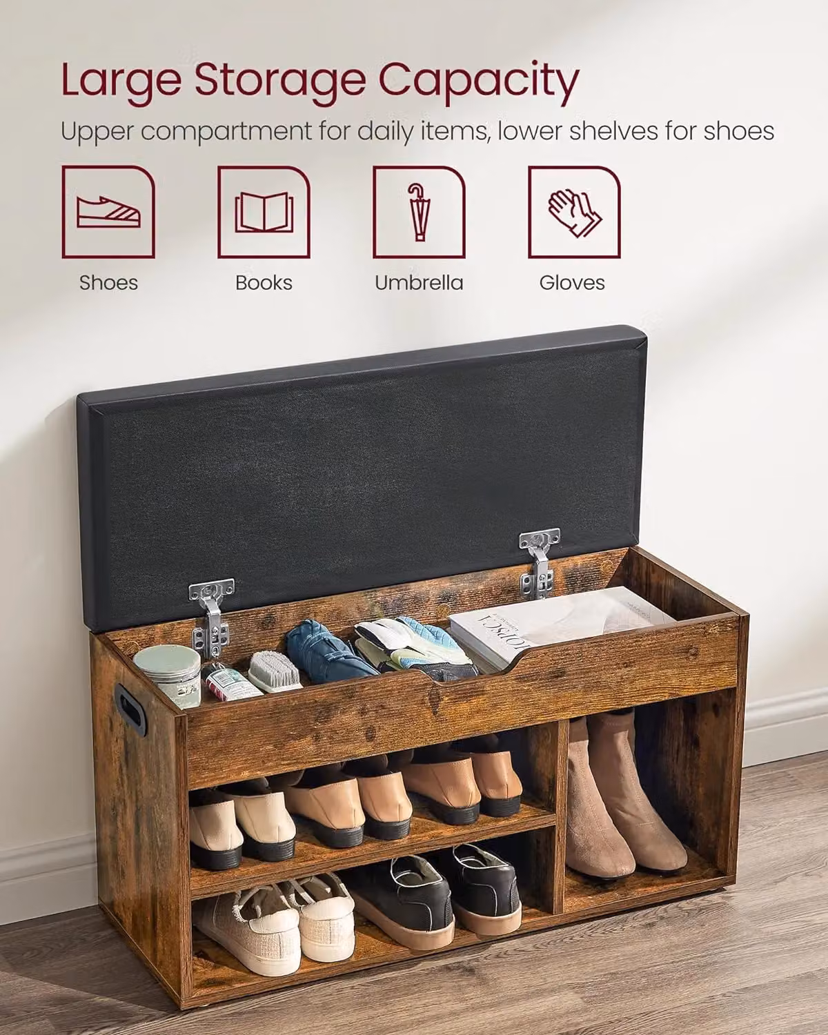 VASAGLE Industrial Shoe Storage Bench with Padded Synthetic Leather Cushion and 3 Compartments in Brown – 3