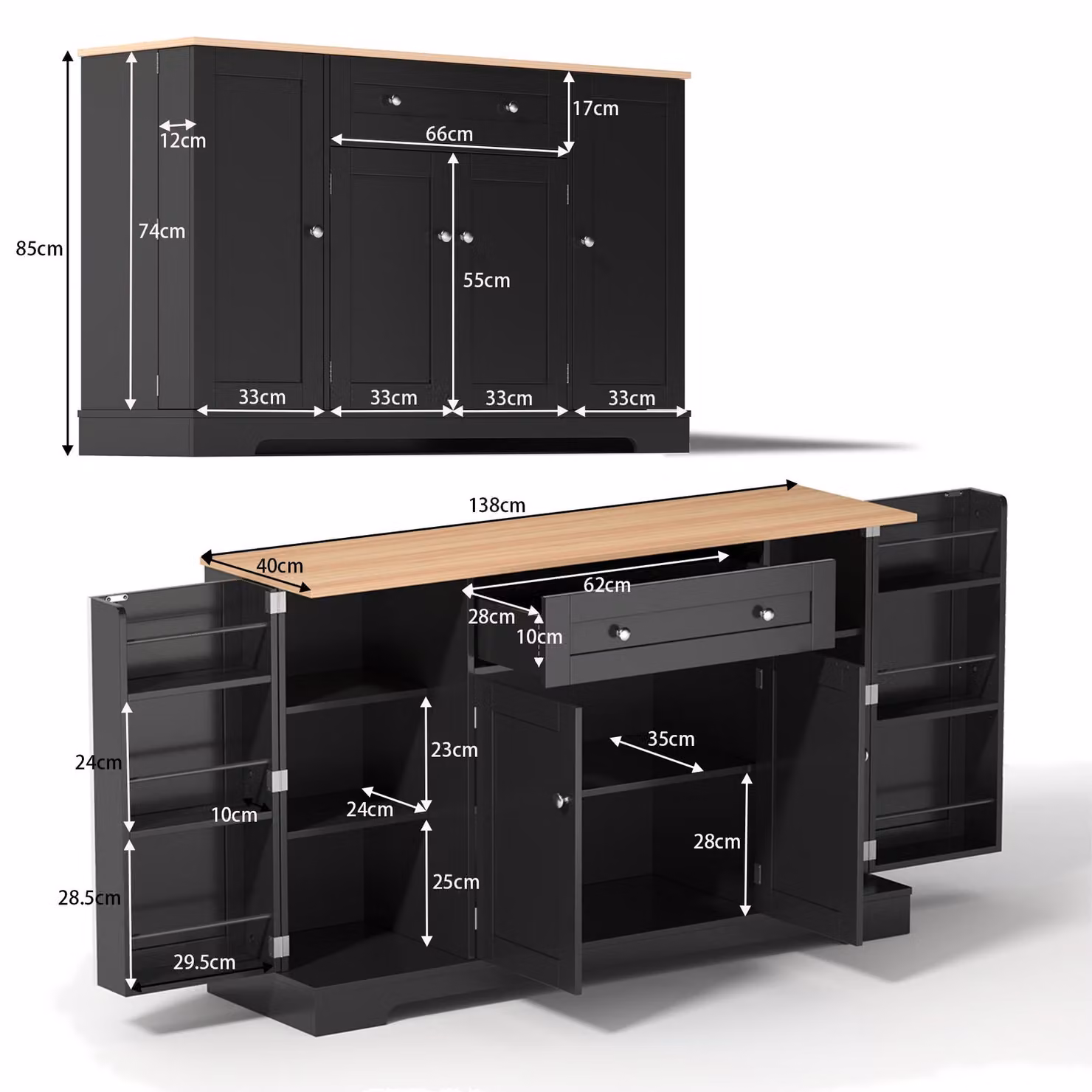 Aosom UK Multifunctional Kitchen Sideboard with Double-Door Compartment and Adjustable Shelves, Black, W: 138 cm, D: 40 cm, H: 85 cm – 3