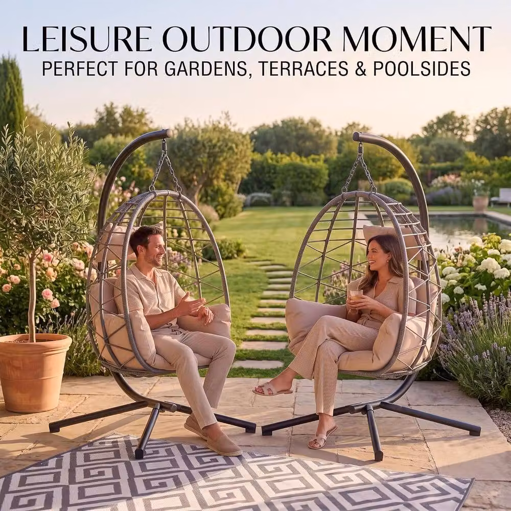 London Boutique Hanging Egg Chair with Stand, Cushions and Rain Cover in Beige – 5