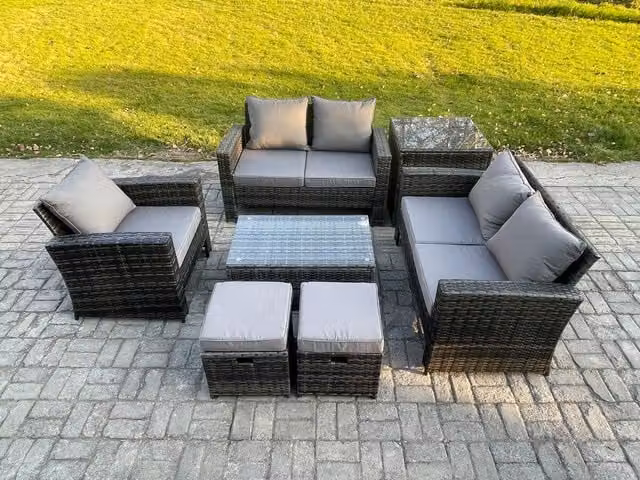 Fimous 7 Seater Rattan Garden Furniture Set in Grey with L-Shape Sofa, Armchairs, Coffee Table and Ottomans