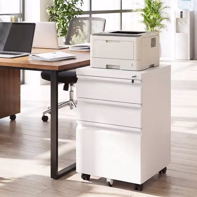 Costway 3-Drawer Mobile Metal Filing Cabinet with Castors and Lock in White – 1
