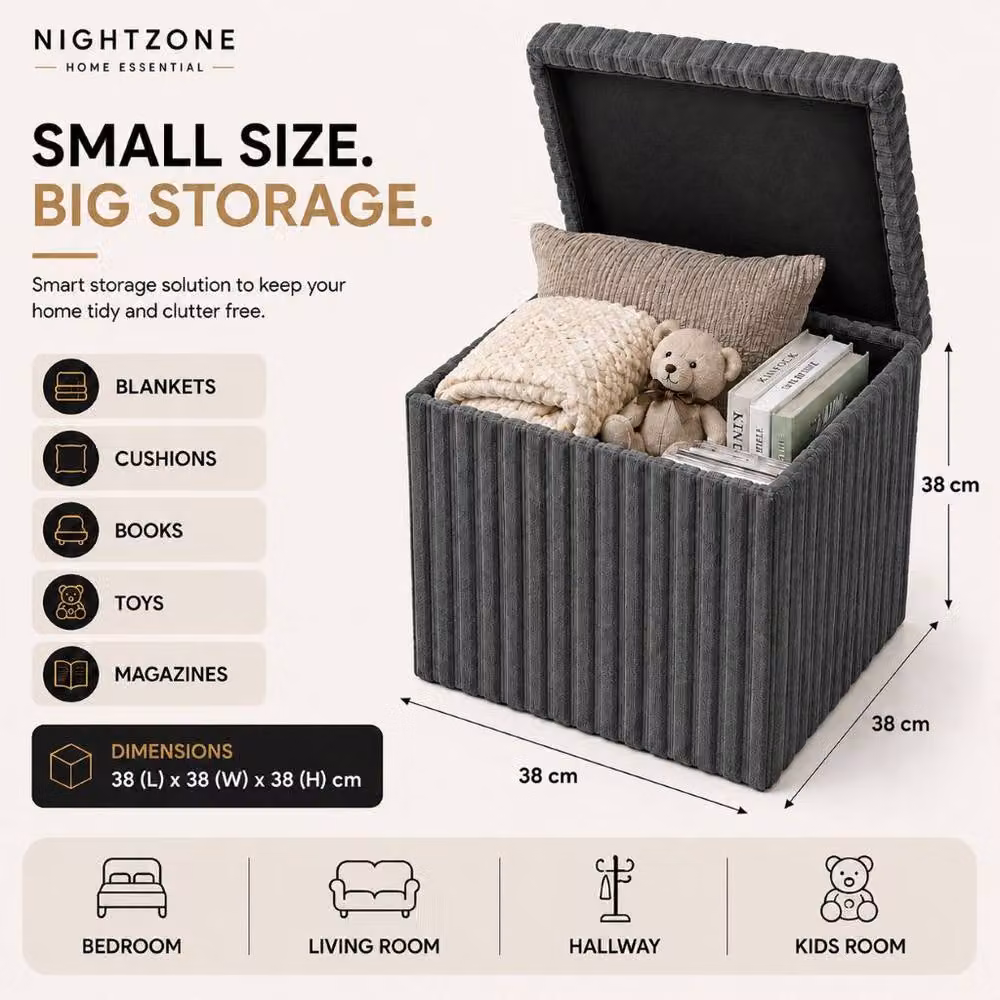 Homes-Linen Corduroy Ribbed Foldable Storage Ottoman in Charcoal Grey, W/D/H: 38 x 38 x 38 cm – 2