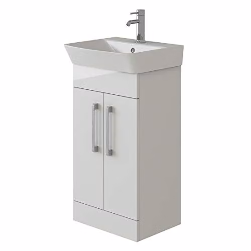 VeeBath PLAN50 Cosmo White Glossy Freestanding Bathroom Vanity Unit with Ceramic Basin and Soft Close Hinged Doors, W: 50 cm, D: 33 cm, H: 81.5 cm – 1
