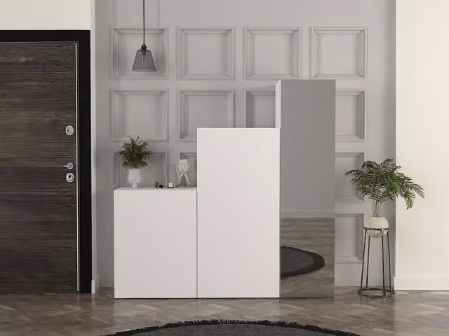 TELEZA Vente-unique Modular 3-Door Wardrobe with Mirror in White, W: 180 cm, H: 158.6 cm, D: 35 cm