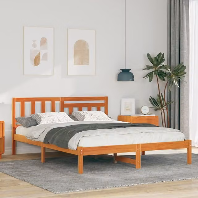 Berkfield Home Solid Pine Wood Bed with Headboard in Wax Brown, W/D/H: 200 x 140 x 80.5 cm