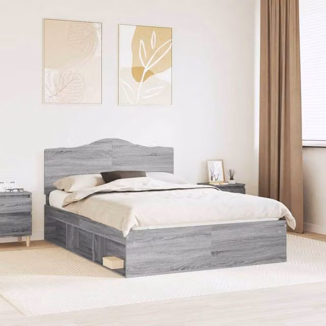 Berkfield Home Modern Bed Frame in Grey Sonoma, Solid Pine and Engineered Wood, W/D/H: 140 x 190 cm