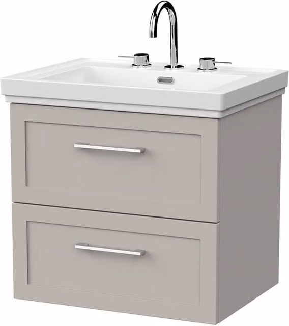 Balterley Stonnall 2 Drawer Wall Mounted Vanity and 3TH Fireclay Basin, Pebble Grey, Width: 60 cm – 1