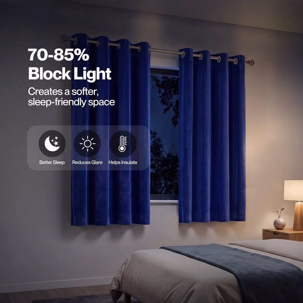 VOGREX Blue Velvet Thermal Blackout Eyelet Curtains – 3