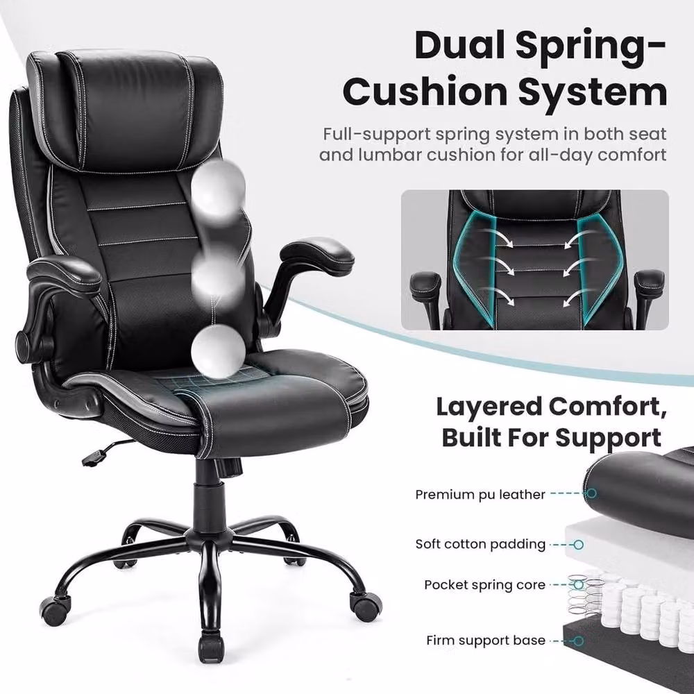 VOGREX Executive Ergonomic Office Chair in Black Synthetic Leather with Headrest and Armrests – 3