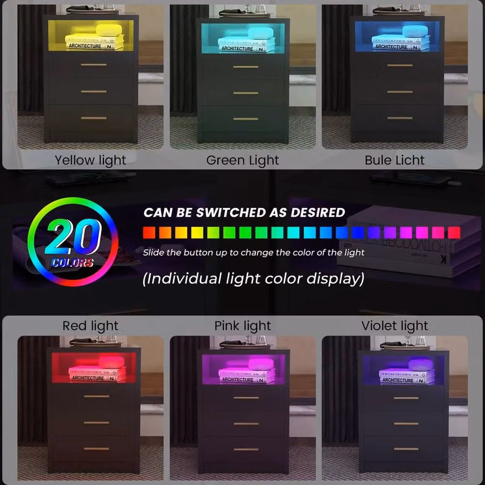 FORGEVIO Modern Black 2-Drawer Bedside Table with Integrated Lighting and USB Charging Port – 2