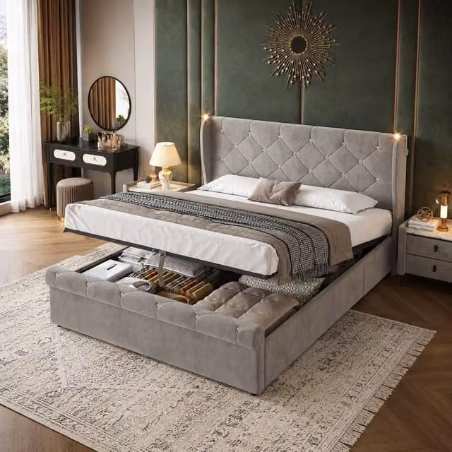 STILVORA Grey Velvet Double Upholstered Bed Frame with Hydraulic Storage, Integrated Reading Lights, USB Charging Ports and Bedside Shelves, W/D/H: 140 x 200 cm – 1