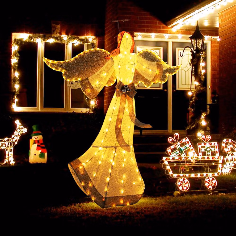 Costway Lighted Angel Christmas Decoration with Halo and Bow in White – 4