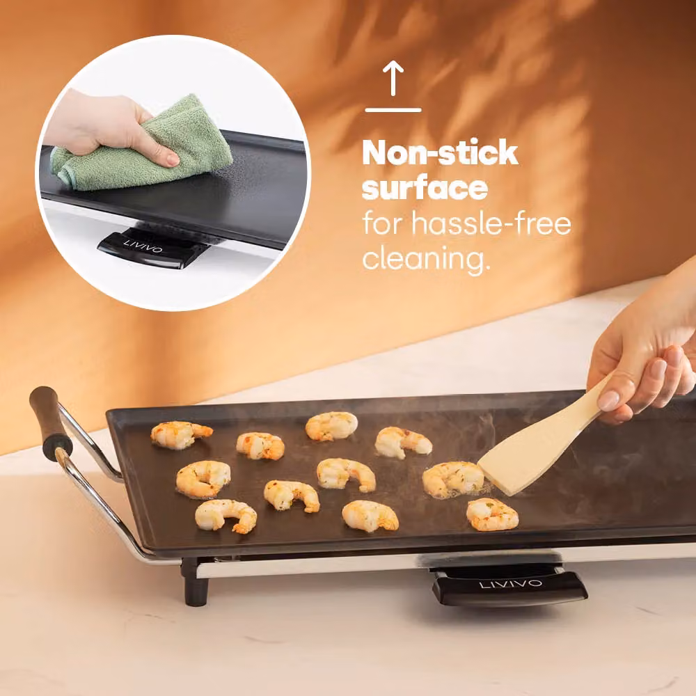 LIVIVO 1800W Electric Teppanyaki Grill with Non-Stick Smooth Plate and Adjustable Thermostat, Black, W: 45 cm, D: 45 cm, H: 13.2 cm – 6
