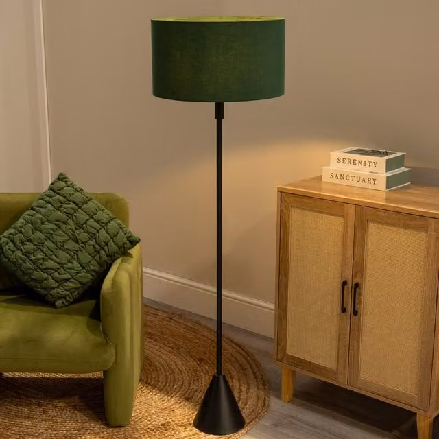 ValueLights Mitch Triangle Floor Lamp with Fabric Drum Shade and LED Bulb in Green