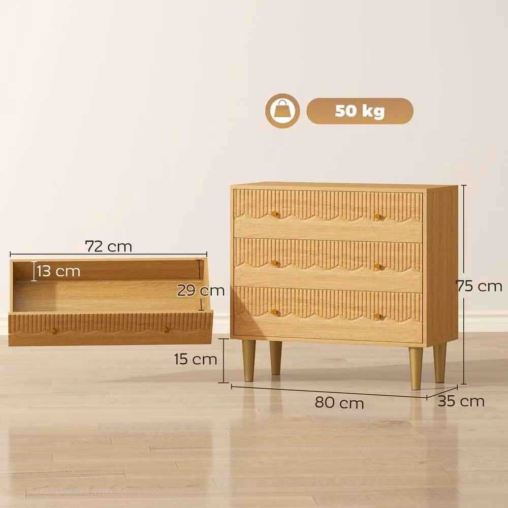 STILVORA Modern Oak 3 Drawer Chest of Drawers with Metal Legs in Brown and Beige – 2