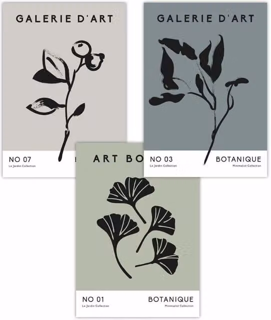 ARTZE Set of 3 Minimalist Botanical Sketch Posters with Leaves and Flowers in Grey, Blue and Green, W: 50 cm, H: 70 cm