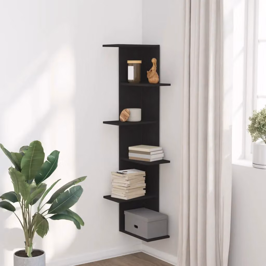Berkfield Home Black Wall Mounted Corner Shelf in MDF, W/D/H: 36.5 x 36.5 x 140 cm – 3